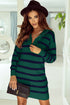 Striped O-Ring Zip Front Collared Drop Shoulder Long Sleeve Sweater Dress